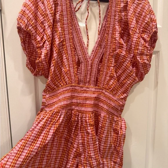 Anthropologie 100% Cotton Pink and Coral Gingham Smocked Romper - Picture 5 of 14